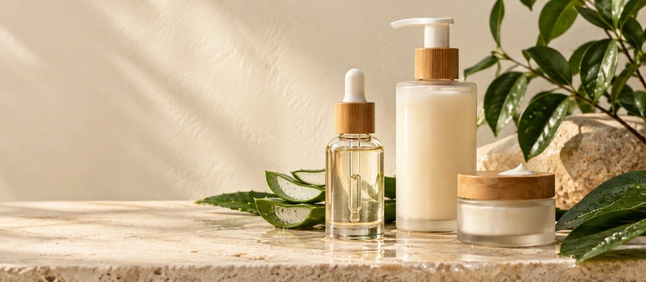 Body care bottles and cream beside aloe leaves