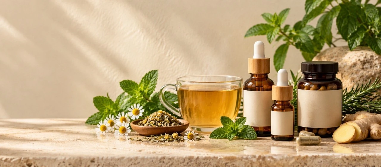 Herbal tea, oils and capsules with fresh herbs